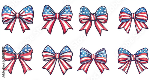 Set of Patriotic Ribbon tie bow with USA flag, Patriotic bow with an American flag vector, American flag bow tie, Bow tie with American flag, American bow and ribbon, Vector illustration