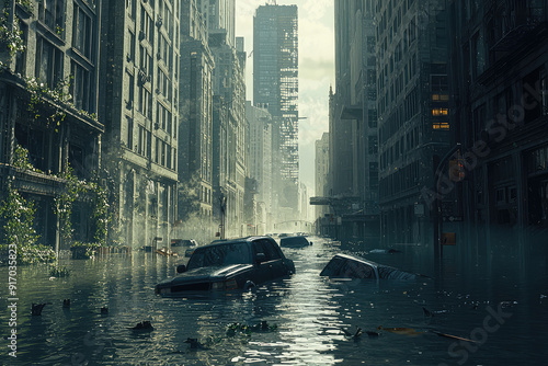 An apocalyptic vision: a city street submerged in deep floodwaters, with abandoned cars and silent skyscrapers, shrouded in a haunting post-storm haze. photo