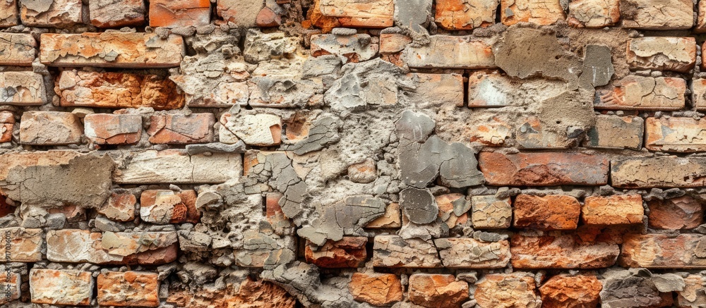 Fototapeta premium A dilapidated brick wall with deteriorating stones provides a weathered look in the close up copy space image