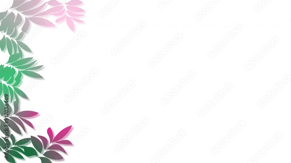 Pink, violet, green leaves and branches animation. Alpha channel, side position. Floral frame background.