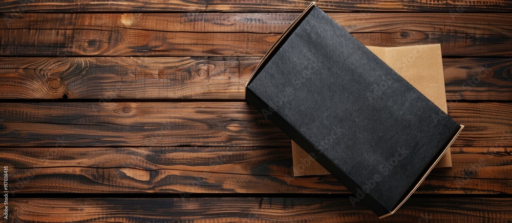 Black cardboard box on wooden background with copy space image Black cardboard box on wooden background with copy space image