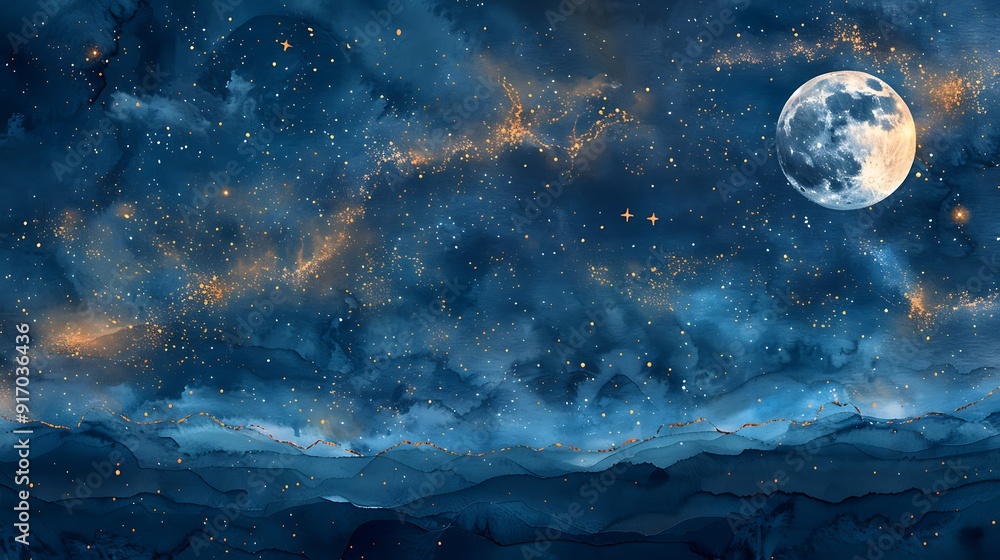 A seamless watercolor pattern of a starry night sky, deep indigo background, golden crescent moon, twinkling stars, soft gradients, ethereal and calm, hd quality, natural look. A seamless watercolor pattern of a starry night sky, deep indigo background, golden crescent moon, twinkling stars, soft gradients, ethereal and calm, hd quality, natural look.