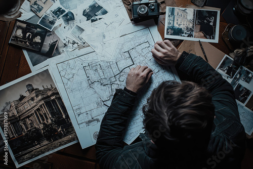 Mastermind meticulously studies intricate blueprints of grand mansion amid scattered photos, laying out audacious heist plan with precision.
