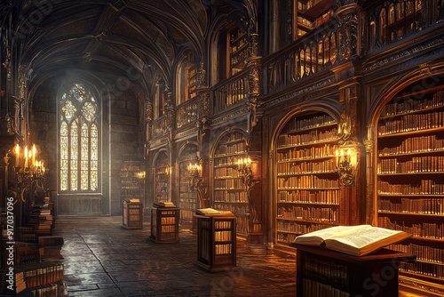 Step into the past as this grand library, with its gothic architecture and ancient scrolls, takes you on a journey through centuries of knowledge and wisdom.