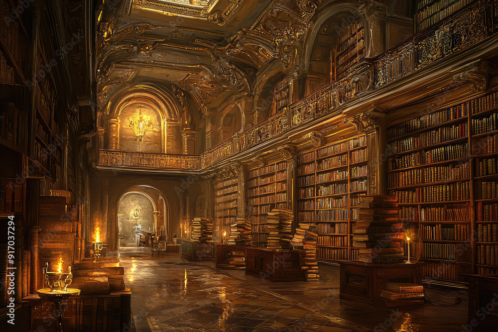 Obraz premium A vast, ornate library filled with ancient scrolls and illuminated manuscripts, lit by warm, golden light that creates a magical and timeless atmosphere.