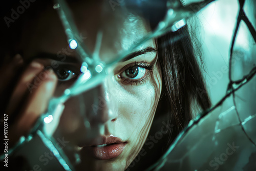 Fragmented reflections capture the haunting gaze of a woman trapped in a claustrophobic space, emotions of despair and intrigue etched in her eyes.