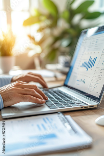 business success concept,  Dynamic hands moving swiftly across an ergonomic keyboard in a contemporary office setup. A laptop screen shows a colorful project timeline, surrounded by