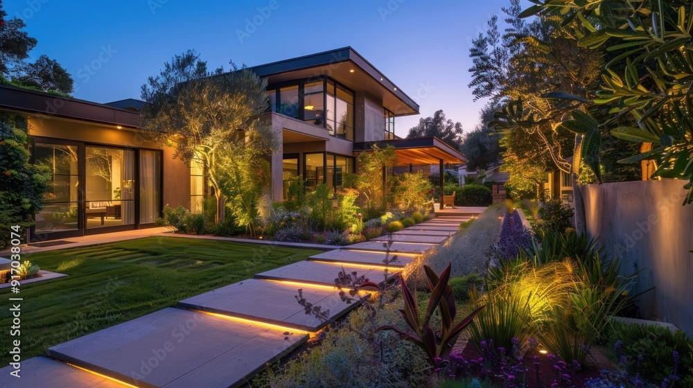 Modern Home with Illuminated Pathway and Landscaping Modern Home with Illuminated Pathway and Landscaping