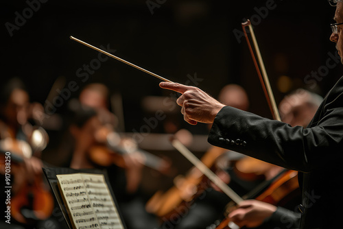 A passionate conductor elegantly guides an orchestra, capturing the essence of musical harmony under the spotlight's glow during an inspiring performance. photo