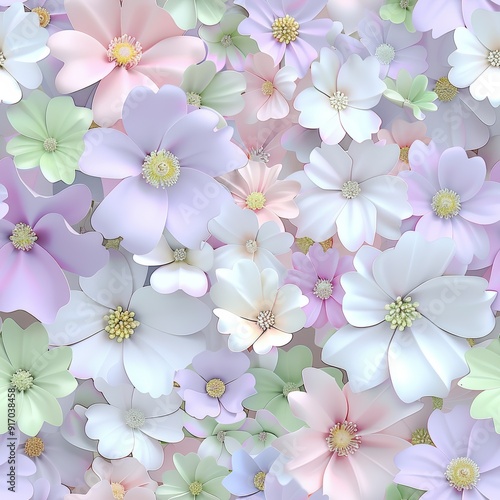 A vibrant arrangement of pastel-colored flowers in various shapes and sizes.