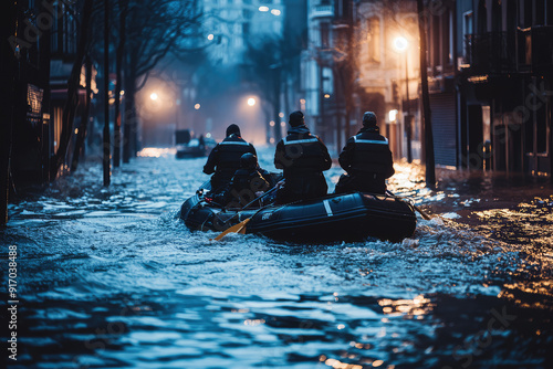 Emergency responders navigate flooded city streets by boat during severe urban flooding, providing a lifeline to those affected by the deluge. photo