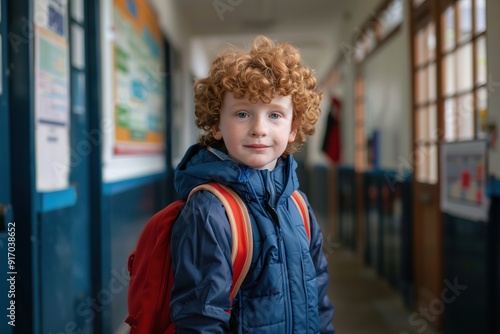 Young boy with curly red hair wearing a blue jacket and carrying a red backpack stands in a school hallway.