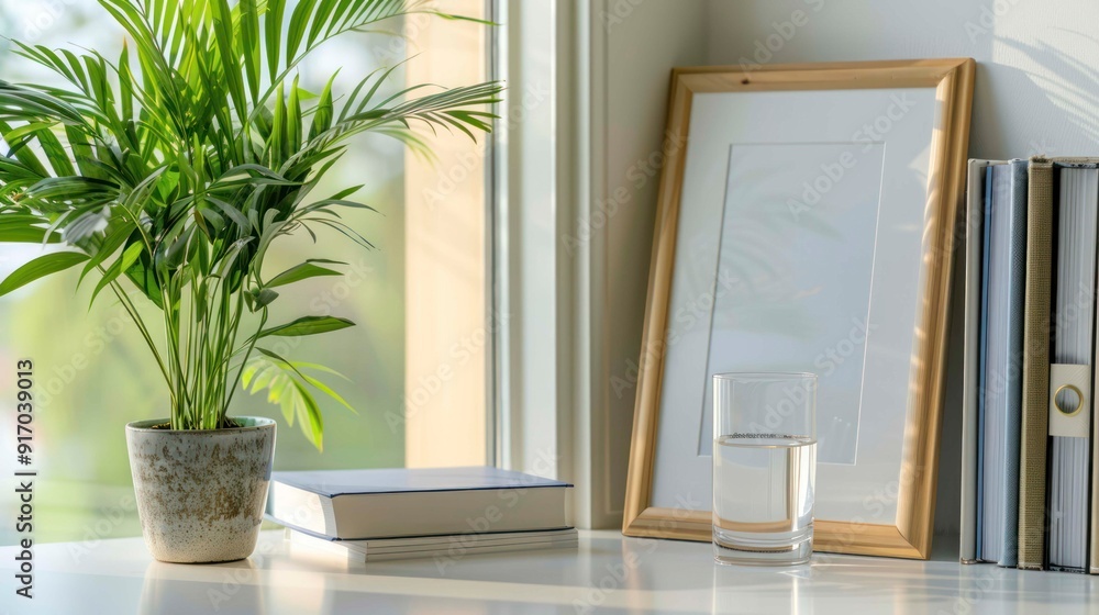 Glass of water, empty picture frame, books and houseplant on white table. Cozy home interior. Glass of water, empty picture frame, books and houseplant on white table. Cozy home interior.