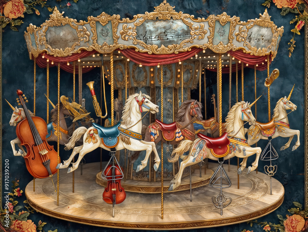 A carousel with a variety of musical instruments and a unicorn. The carousel is surrounded by a blue background