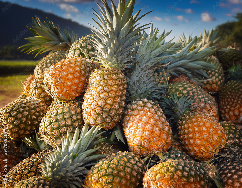 big pile of just harvested and ripen pineapples against mountain backgroud big pile of just harvested and ripen pineapples against mountain backgroud
