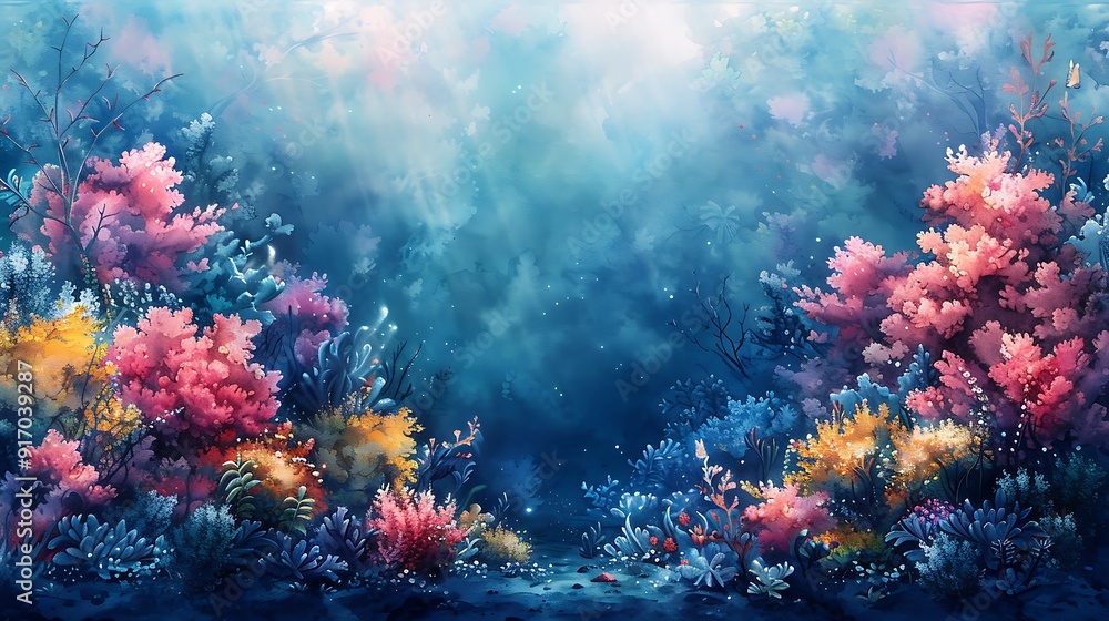 Naklejka premium A watercolor design of an underwater coral reef, various vibrant corals, seaweed, marine life, bright blues and greens, soft gradients, intricate details, lively underwater scene, hd quality,