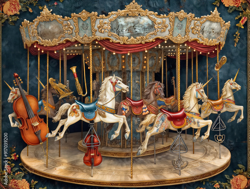 Obraz na płótnie A carousel with a variety of musical instruments and a unicorn. The carousel is surrounded by a blue background w salonie