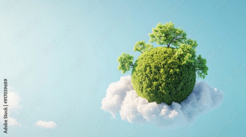 Environmental day banner featuring a 3D globe with green grass and trees, set against a natural blue sky and clouds background Environmental day banner featuring a 3D globe with green grass and trees, set against a natural blue sky and clouds background