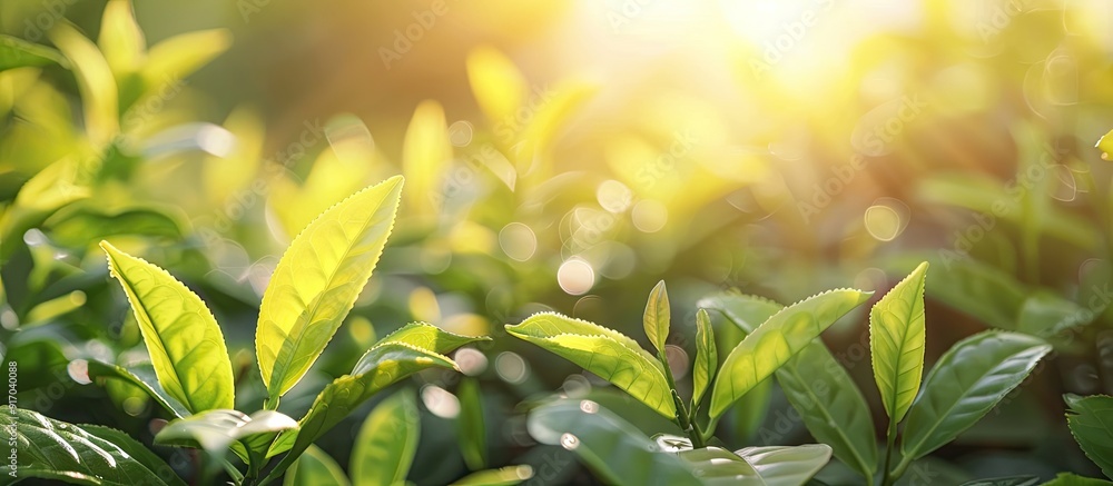 Bokeh blur background highlighting fresh tea leaves with copy space image available Bokeh blur background highlighting fresh tea leaves with copy space image available