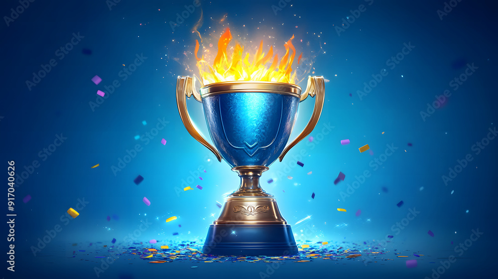 Close-up of a blue and gold champion trophy with flames and confetti cascading down, set against a blue background, symbolizing achievement and success Close-up of a blue and gold champion trophy with flames and confetti cascading down, set against a blue background, symbolizing achievement and success