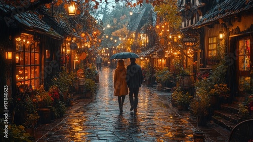 Cobblestone Street in Quiet Town with Softly Falling Rain