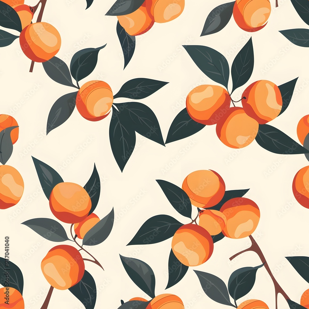 Vibrant orange fruits and lush green leaves pattern on a light background. Vibrant orange fruits and lush green leaves pattern on a light background.
