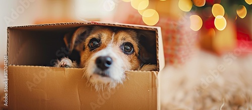 A pedigree pooch peers into a cardboard box eagerly receiving gifts amid festive shopping sales exuding cheer and anticipation epitomizing pet care and well being Ample copy space image for advertisi photo