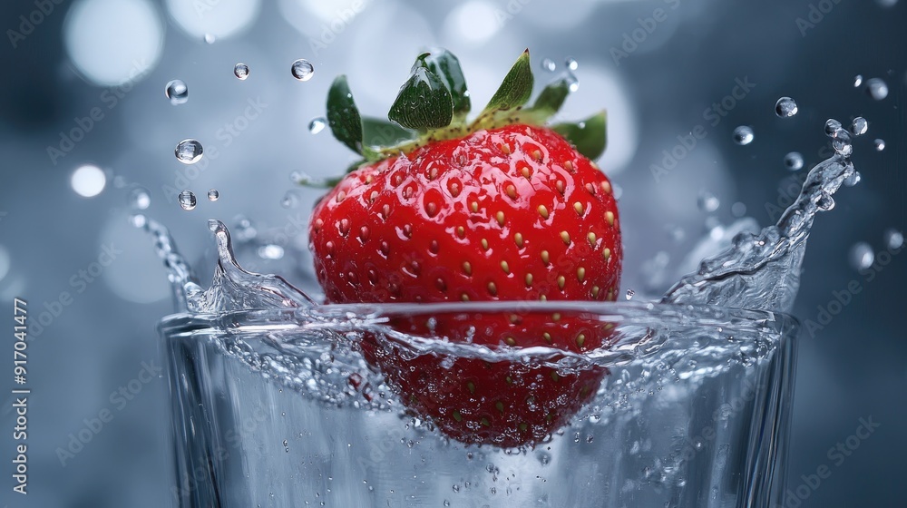 Refreshing splash of water as a strawberry drops into a glass, with droplets captured in mid-motion. Refreshing splash of water as a strawberry drops into a glass, with droplets captured in mid-motion.
