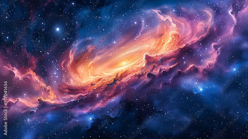 Obraz premium A watercolor pattern depicting swirling galaxies, vibrant blues, pinks, and purples, detailed nebulae, star clusters, seamless and ethereal, soft gradients, hd quality, natural look.