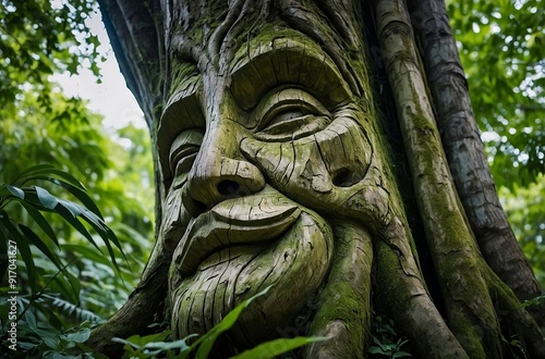 A majestic tree face in green forest.