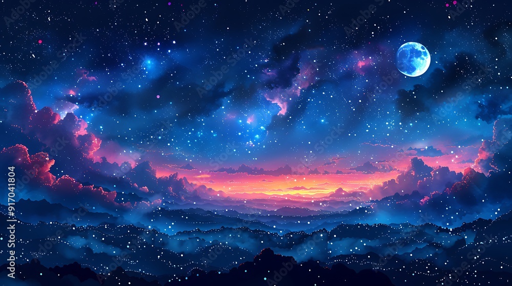 A watercolor pattern of a celestial night sky, deep blue and purple hues, constellations, crescent moons, twinkling stars, soft gradients blending into the dark sky, subtle nebulae, A watercolor pattern of a celestial night sky, deep blue and purple hues, constellations, crescent moons, twinkling stars, soft gradients blending into the dark sky, subtle nebulae,