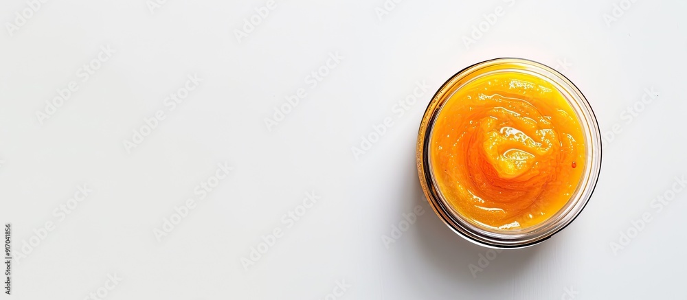 Top view of papaya beauty cream in a glass container against a white backdrop with room around for text or images. copy space available Top view of papaya beauty cream in a glass container against a white backdrop with room around for text or images. copy space available