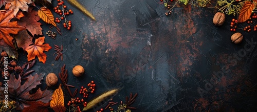 Colorful fall foliage nuts and grass in a corner border atop a rustic dark banner background shown from above with a copy space image below