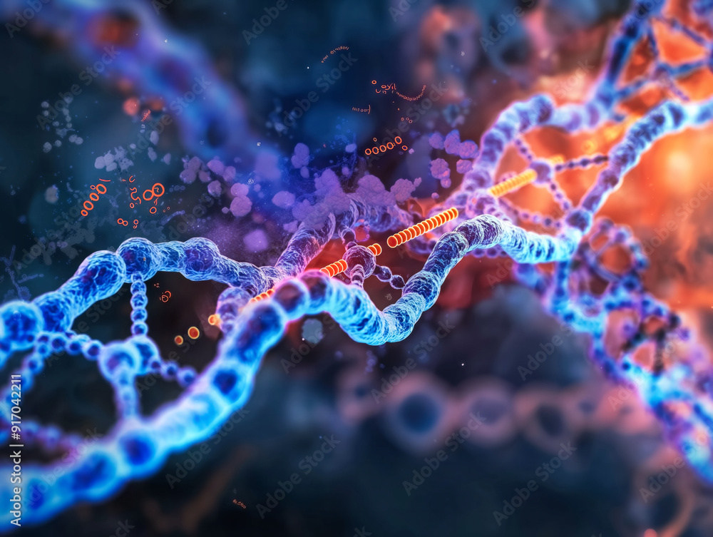 A blue and red DNA strand with a purple background. The blue and red strands are twisted and tangled, giving the impression of a complex and intricate structure A blue and red DNA strand with a purple background. The blue and red strands are twisted and tangled, giving the impression of a complex and intricate structure