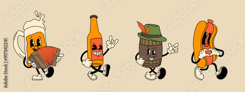 Set of retro Beer, Hot Dog mascot character. 40s, 50s, 60s old animation style. Oktoberfest mascot