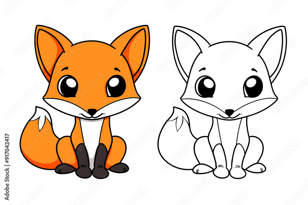Fototapeta premium Cartoon animals, funny drawn fox with contour lines isolated on a transparent background. Simple animal Clip Art, Printable fox Coloring Page. Simple coloring book for children.