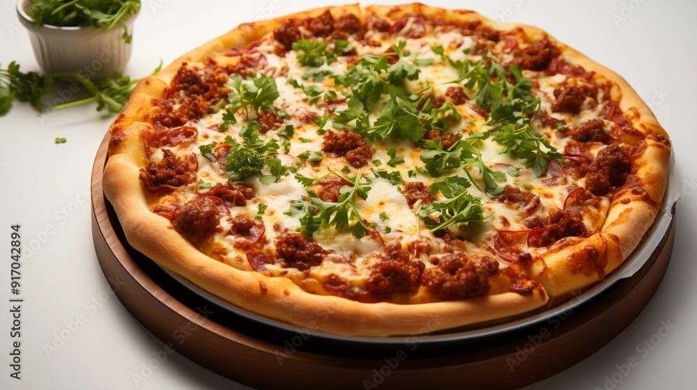 Chicago style deep dish pizza, close view highlighting the delicious textures, front view from above, studio lighting, white background. Chicago style deep dish pizza, close view highlighting the delicious textures, front view from above, studio lighting, white background.