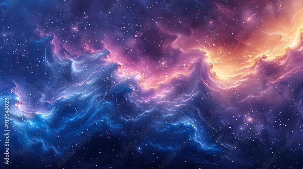 Obraz premium A watercolor pattern of swirling galaxies, vibrant blues, pinks, and purples, detailed nebulae, star clusters scattered throughout, soft gradients blending colors, cosmic and ethereal, hd quality,