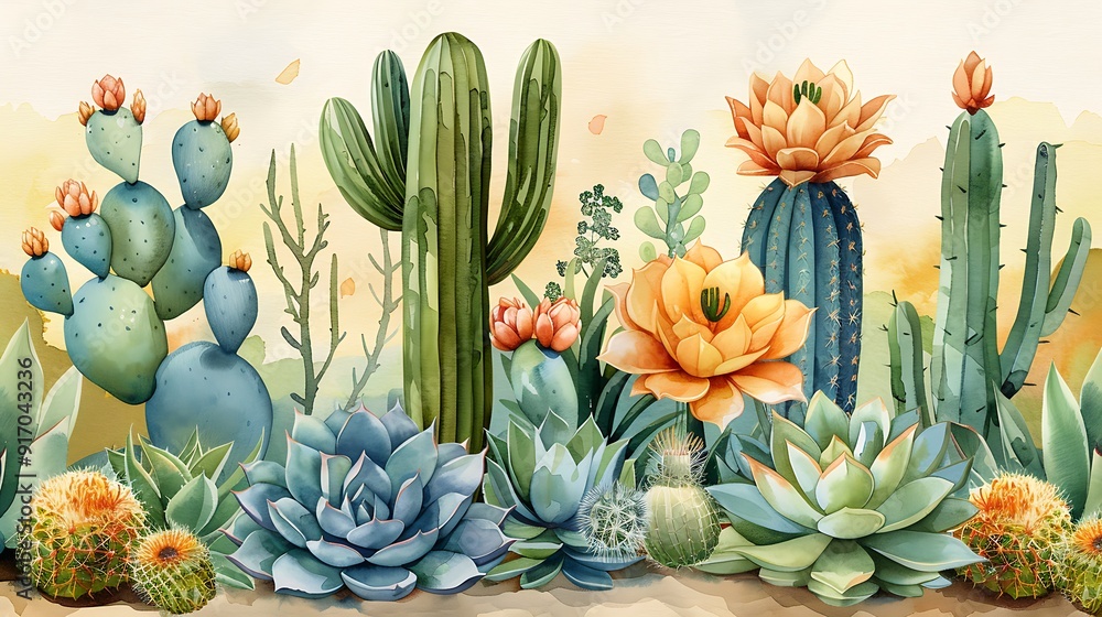 A watercolor pattern of various cacti and succulents, vibrant greens, sandy hues, detailed textures, seamless design, soft gradients, desert vibe, hd quality, natural look. A watercolor pattern of various cacti and succulents, vibrant greens, sandy hues, detailed textures, seamless design, soft gradients, desert vibe, hd quality, natural look.