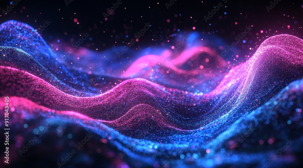 Abstract blue and pink glowing particles in wave shapes against a dark background. Abstract blue and pink glowing particles in wave shapes against a dark background.