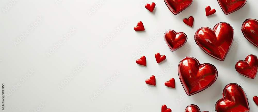Valentine s Day greeting card featuring hearts on a glossy white backdrop with room for text or images. copy space available Valentine s Day greeting card featuring hearts on a glossy white backdrop with room for text or images. copy space available