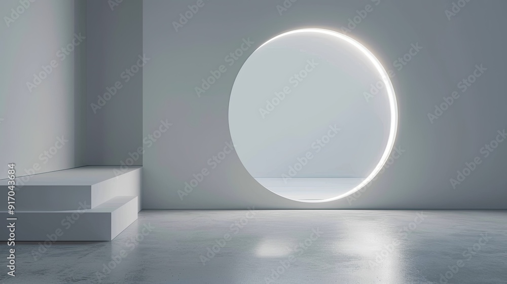 Studio photo with white background and floor. A projector light shines on the wall, creating a white circular shape, highlighting the simplicity and purity of the scene Studio photo with white background and floor. A projector light shines on the wall, creating a white circular shape, highlighting the simplicity and purity of the scene