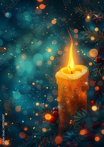 A candle is lit in a blue background with a few berries. The candle is surrounded by a blurry background, giving the impression of a dreamy, ethereal atmosphere