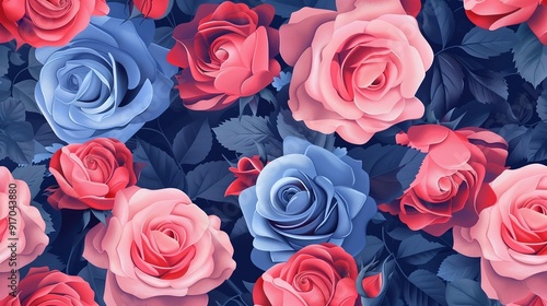 Background with a Continuous Pattern of Pink and Blue Roses