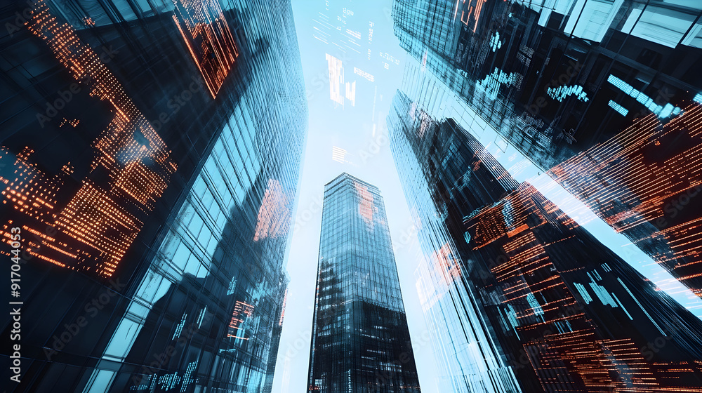 Real estate development and investing concept with financial chart indicators and stock market graphs on city skyscrapers tops bottom view double exposure : Generative AI Real estate development and investing concept with financial chart indicators and stock market graphs on city skyscrapers tops bottom view double exposure : Generative AI