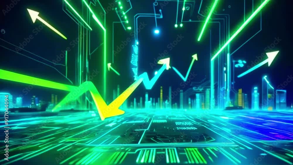 Abstract neon green and blue arrow glowing on circuit board design over futuristic city. Abstract neon green and blue arrow glowing on circuit board design over futuristic city.