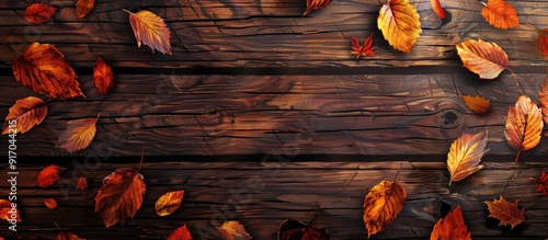 Wooden background adorned with vibrant autumn leaves ideal for a copy space image