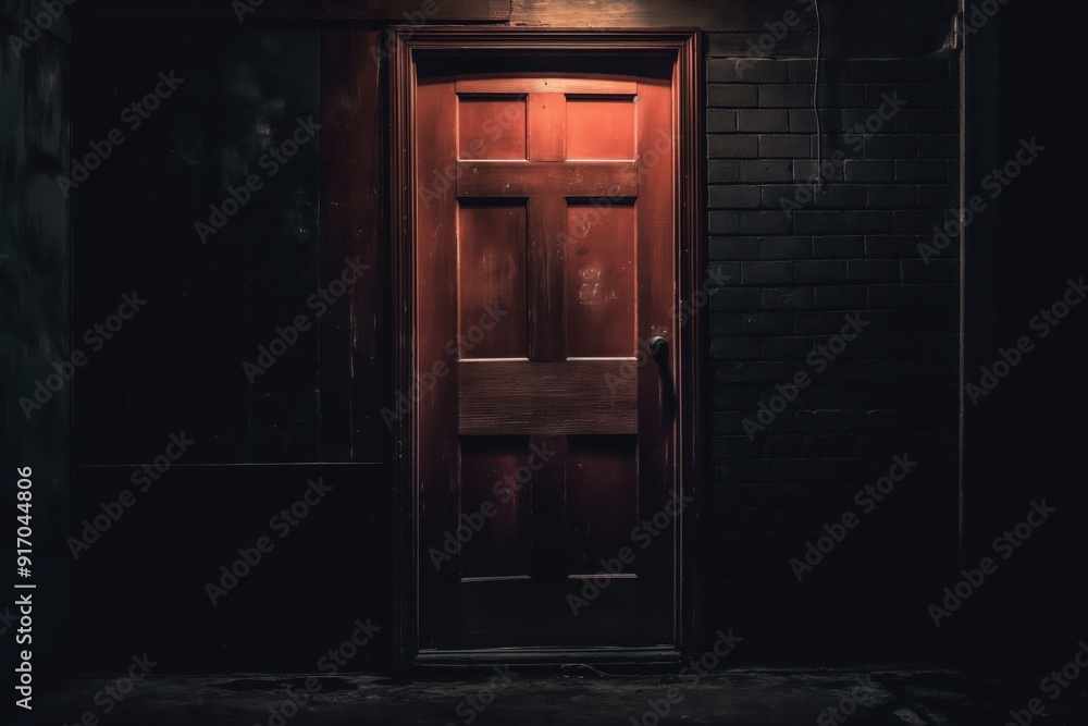 Old Red Door at Night. Buildings and Arc Old Red Door at Night. Buildings and Arc