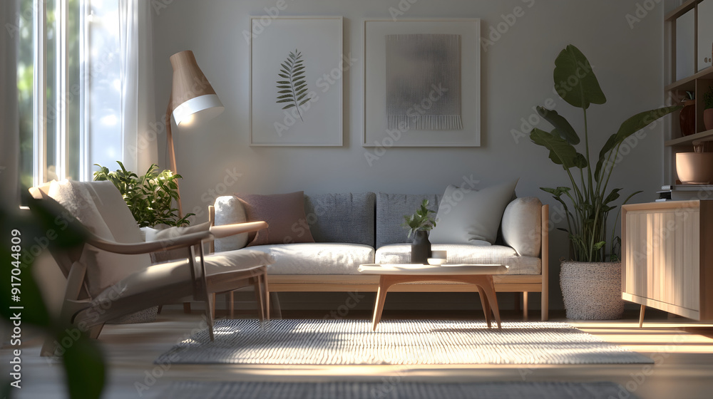 Fototapeta premium Scandinavian Living Room Background. Interior Design. AI.