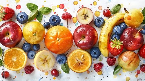 Fruit medley watercolor design, various fruits like apples, oranges, bananas, and berries, bright and vivid colors, seamless pattern, intricate details, cheerful and fun, hd quality, natural look.